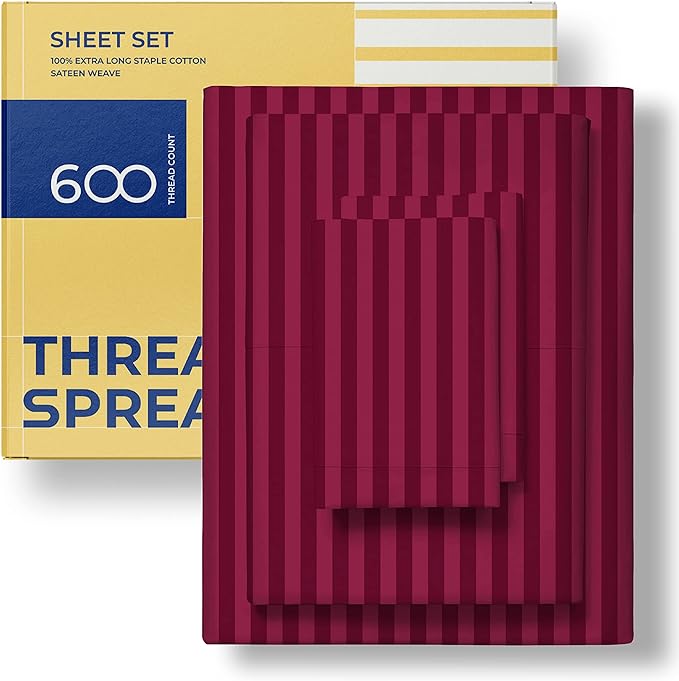 THREAD SPREAD Luxury Egyptian Cotton Twin Stripe Sheet Set - 600 Thread Count Extra Long Staple 3 PC Set, Twin Damask Sheets, Soft, Cooling Sateen Weave Striped Sheets Upto 18" Deep Pocket - Burgundy - LeafyLoom