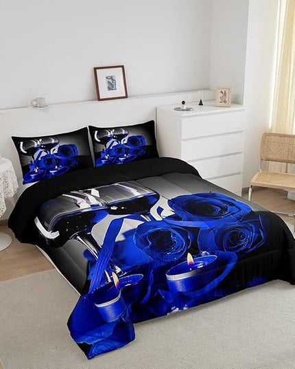Girly 3D Rose Queen Comforter Set for Teens Rose Floral Wine Glass Bedding Sets Bedroom Decor Blue Flowers Down Comforter Couple Valentine's Day Duvet Insert Black Grey Quilted Comforter, 3Pcs - LeafyLoom
