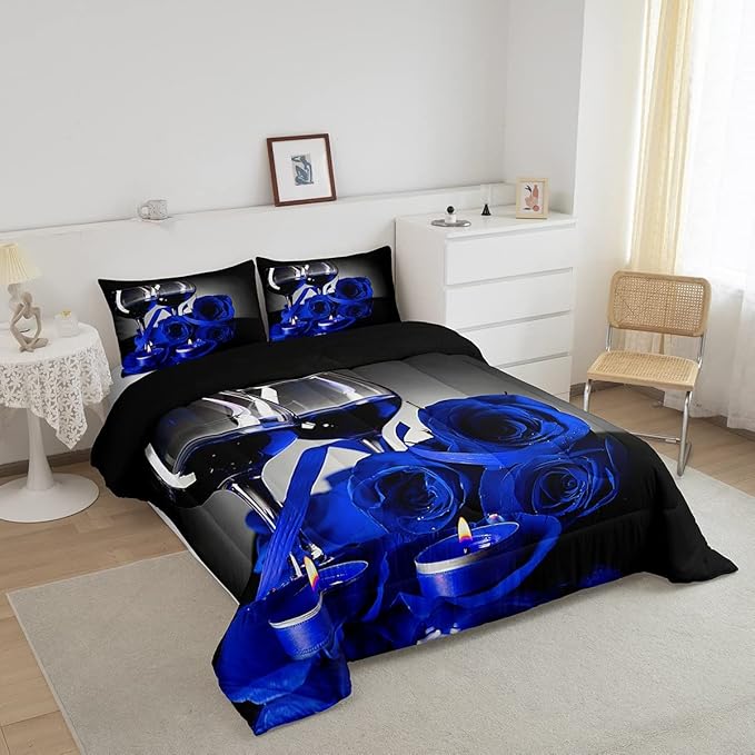 Erosebridal Rose Floral Bedding Set Full 3D Blue Rose Wine Glass Comforter Set for Women Men Adult Romantic Valentine's Day Blossom Quilt Set Banquet Flower Duvet Set, Black Gray Down Comforter - LeafyLoom