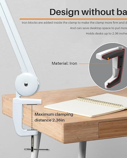 LED Architect Desk Lamp with Clamp, Metal Swing Arm 2000 Lumens Dimming Office Table Lamp for Task Work Drafting Reading Desktop, 117PCS Bright LEDs, 24W Workbench Lamp(White) - LeafyLoom