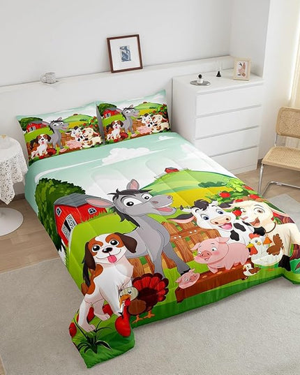 Cute Farm Animals Bedding Set Kids Cartoon Pig Dog Cow Horse Comforter Set for Boys Girls Teens Nature Country Style Comforter Farmhouse Rustic Duvet Set Colorful Bedroom Decor Quilt Set Full Size - LeafyLoom