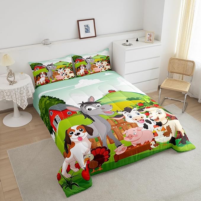 Cute Farm Animals Bedding Set Kids Cartoon Pig Dog Cow Horse Comforter Set for Boys Girls Teens Nature Country Style Comforter Farmhouse Rustic Duvet Set Colorful Bedroom Decor Quilt Set Full Size - LeafyLoom