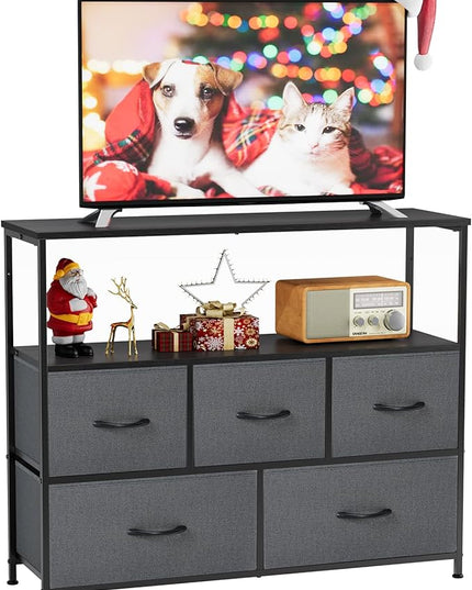 Sweetcrispy TV Stand for Bedroom, TV Dresser for 45 inches, Media Console Table, Entertainment Center with 5 Fabric Drawers Cabinet and Open Storage Shelf Furniture Cabinet for Living Room, Hallway - LeafyLoom