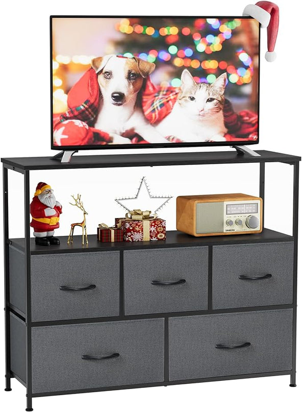 Sweetcrispy TV Stand for Bedroom, TV Dresser for 45 inches, Media Console Table, Entertainment Center with 5 Fabric Drawers Cabinet and Open Storage Shelf Furniture Cabinet for Living Room, Hallway - LeafyLoom