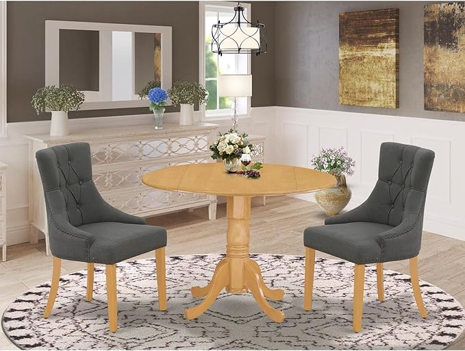 East West Furniture Dublin 3 Piece Dinette Set for Small Spaces Contains a Round Table with Dropleaf and 2 Dark Gotham Linen Fabric Parson Dining Chairs, 42x42 Inch, DLFR3-OAK-20 - LeafyLoom