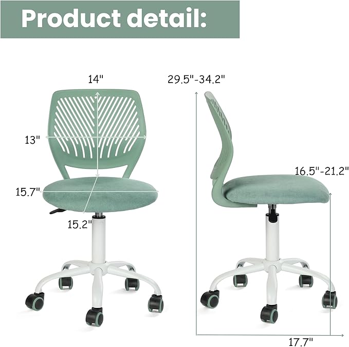 FurnitureR Writing Task Chair for Teens Boys Girls 360 Rolling Wheels Fabric Soft Pad Seat Breathable Backrest, Height Adjustable Liftup 29.5"-34.3", Morandi AQUA - LeafyLoom