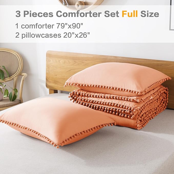 Litanika Comforter Full Size Set Coral,3 Pieces Coral Boho Pom Pom Lightweight Bed Comforter Full,All Season Soft Solid Color Bedding Comforter Sets (1 Comforter 79x90 Inch, 2 Pillowcases) - LeafyLoom