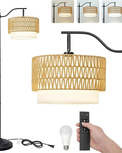 Frideko Rattan Floor Lamp with Remote Control & Dimmable LED Bulb, Boho Standing Lamp with 3 Color Temperatures, Bright Farmhouse Floor Light, Rustic Corner Floor Lamp, Tall Floor Lamp for Living Room - LeafyLoom