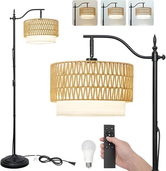 Frideko Rattan Floor Lamp with Remote Control & Dimmable LED Bulb, Boho Standing Lamp with 3 Color Temperatures, Bright Farmhouse Floor Light, Rustic Corner Floor Lamp, Tall Floor Lamp for Living Room - LeafyLoom