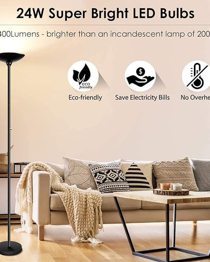 BoostArea Torchiere Floor Lamp, 24W Super Bright LED Standing Lamp, Stepless Dimmable Pole Lamp with 3000K Lighting, Rotary Switch, 70 Inch Tall Metal Modern Floor lamps for Living Room/Bedroom Black - LeafyLoom
