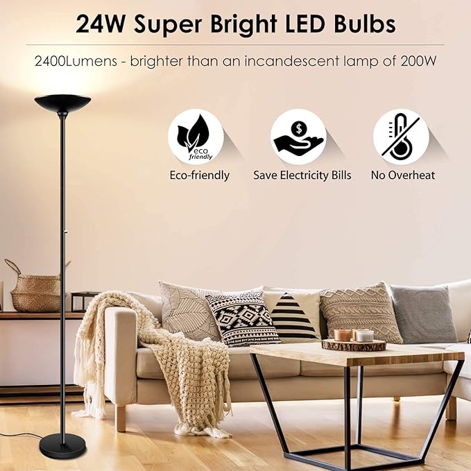 BoostArea Torchiere Floor Lamp, 24W Super Bright LED Standing Lamp, Stepless Dimmable Pole Lamp with 3000K Lighting, Rotary Switch, 70 Inch Tall Metal Modern Floor lamps for Living Room/Bedroom Black - LeafyLoom