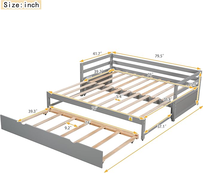 Wooden Extendable Daybed, Twin to King Daybed Frame with Trundle, Extending Sofa Bed for Living Room Bedroom Guest Room, Gray - LeafyLoom