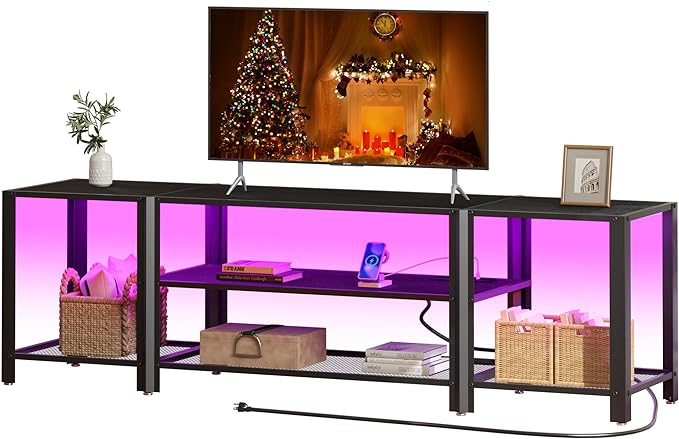 Industrial TV Stand with Power Outlet for 55/65/70/75 inch TVs, 3-Tier Entertainment Center, TV Console Table with Open Storage Shelves, Wood TV Stand for Living Room, Bedroom, Black - LeafyLoom