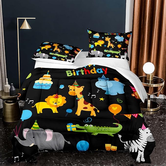 Cartoon Animals Lion Elephant Giraffe Comforter Set Twin Set for Kids Birthday Gift Bedding All Season Colorful Black Room Decor - LeafyLoom