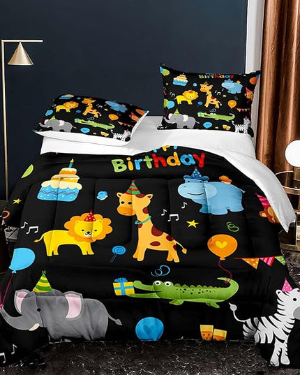 Cartoon Animals Lion Elephant Giraffe Comforter Set Twin Set for Kids Birthday Gift Bedding All Season Colorful Black Room Decor - LeafyLoom