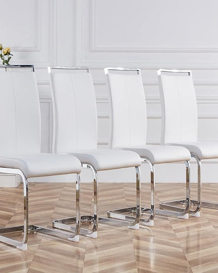 Dining Chairs Set, Kitchen Modern Metal Chairs with Faux Leather Padded Seat High Back and Sturdy Chrome Legs, Chairs for Dining Room (White, Set of 4) - LeafyLoom