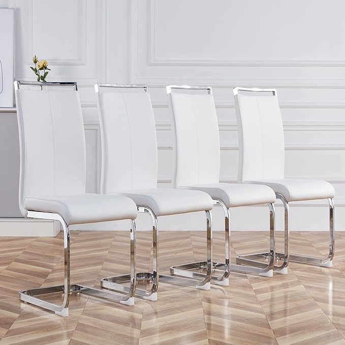 Dining Chairs Set, Kitchen Modern Metal Chairs with Faux Leather Padded Seat High Back and Sturdy Chrome Legs, Chairs for Dining Room (White, Set of 4) - LeafyLoom