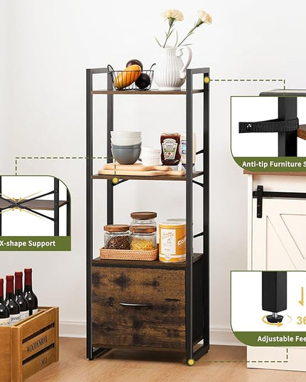 Yoobure Bookshelf, 4 Tier Book Shelf with Drawer, Small Bookcase Narrow Book Case, Industrial Bookshelves Shelf for Bedroom Living Room Office, Book Storage Organizer for CD/Movie Rustic Brown - LeafyLoom