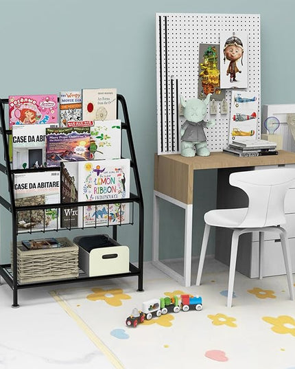 Kids Bookshelf Freestanding for Children Room 18 Inches Black Metal Bookcase Large Capacity Books Toys Organizer Stable 5 Tiers Kids Book Rack for Playroom Bookstore Library. - LeafyLoom