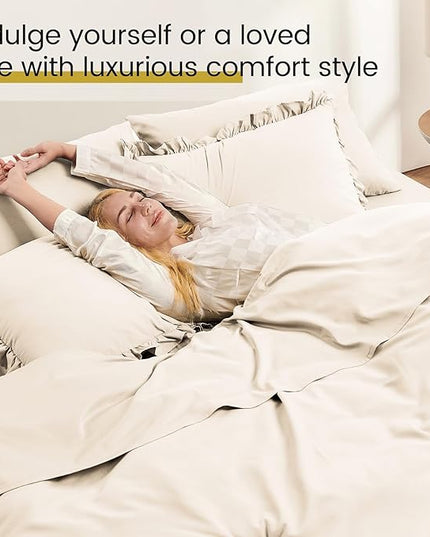 King Size Bed in a Bag 7 Pieces King Size Comforter Set, Ruffle Shabby Chic Bedding Comforter Set Birch Bed Set with Comforter, Pillowcases, Flat Sheet, Fitted Sheet and Pillow Shams - LeafyLoom