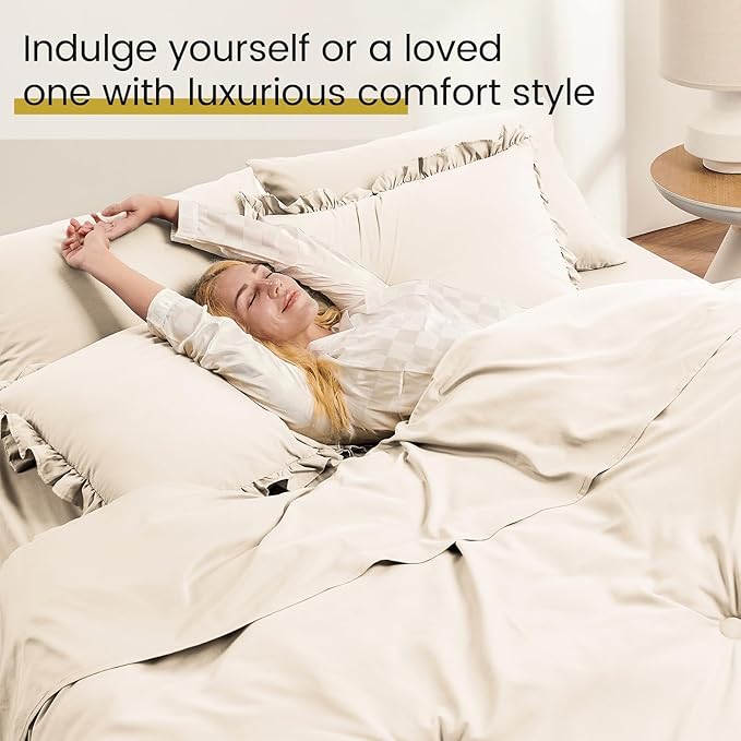 King Size Bed in a Bag 7 Pieces King Size Comforter Set, Ruffle Shabby Chic Bedding Comforter Set Birch Bed Set with Comforter, Pillowcases, Flat Sheet, Fitted Sheet and Pillow Shams - LeafyLoom