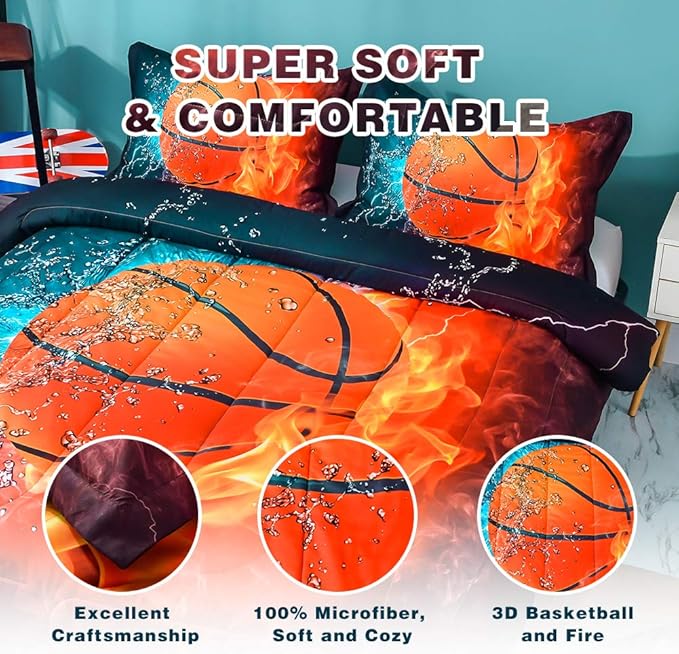 Andency Basketball Comforter Twin(66x90 Inch), 2 Pieces(1 Basketball Comforter, 1 Pillowcase) Sport Microfiber Basketball Comforter Set Bedding Set for Kids Boys Teens - LeafyLoom