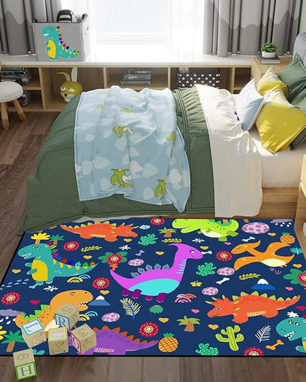 Dinosaur Rugs for Boys Bedroom Dinosaur Play Rug Kids Room Rug Dinosaur Area Rug Cartoon Dinosaur Carpet Cute Dinosaur Mat Dinosaur Rug for Living Room Bedroom Playroom, Blue 2'5''×4' - LeafyLoom