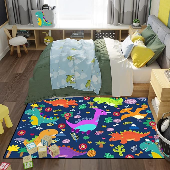 Dinosaur Rugs for Boys Bedroom Dinosaur Play Rug Kids Room Rug Dinosaur Area Rug Cartoon Dinosaur Carpet Cute Dinosaur Mat Dinosaur Rug for Living Room Bedroom Playroom, Blue 5'×7' - LeafyLoom