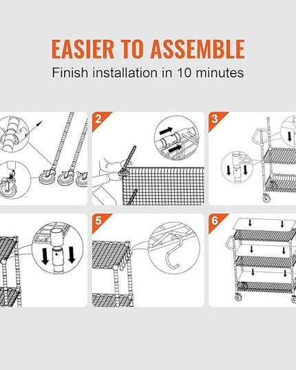 VEVOR Kitchen Utility Cart, 3 Tiers, Wire Rolling Cart with 661 LBS Capacity, Steel Service Cart on Wheels, Metal Storage Trolley with 80 mm Deep Basket Curved Handle PP Liner 6 Hooks, NSF Listed - LeafyLoom