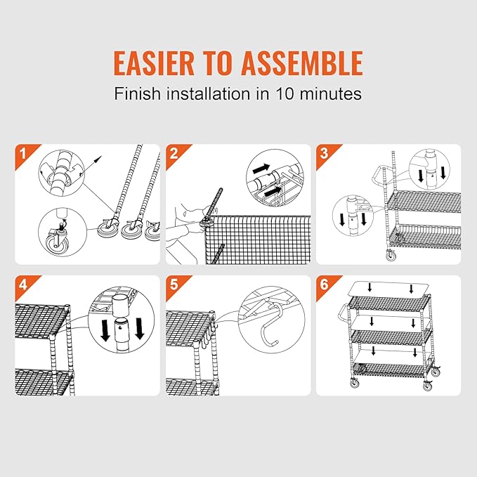 VEVOR Kitchen Utility Cart, 3 Tiers, Wire Rolling Cart with 661 LBS Capacity, Steel Service Cart on Wheels, Metal Storage Trolley with 80 mm Deep Basket Curved Handle PP Liner 6 Hooks, NSF Listed - LeafyLoom