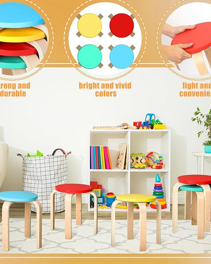 4 Pcs 12 Inch Bentwood Stacking Stool for Kids Colored Durable Round Nesting Stool Flexible Wood Stackable Stool Chairs for Playroom Daycare Home Classroom (Bright Color) - LeafyLoom