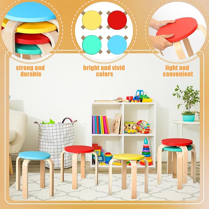 4 Pcs 12 Inch Bentwood Stacking Stool for Kids Colored Durable Round Nesting Stool Flexible Wood Stackable Stool Chairs for Playroom Daycare Home Classroom (Bright Color) - LeafyLoom