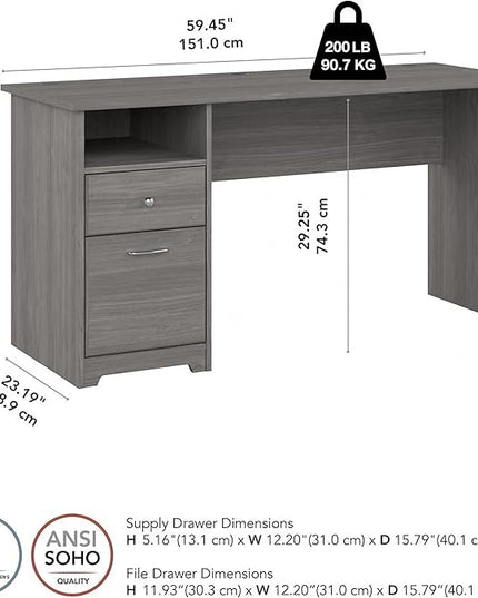 Bush Business Furniture Cabot Desks for Home Office with Storage and Chrome Hardware, Elegant Computer Table with Drawers, 60W, Modern Gray - LeafyLoom