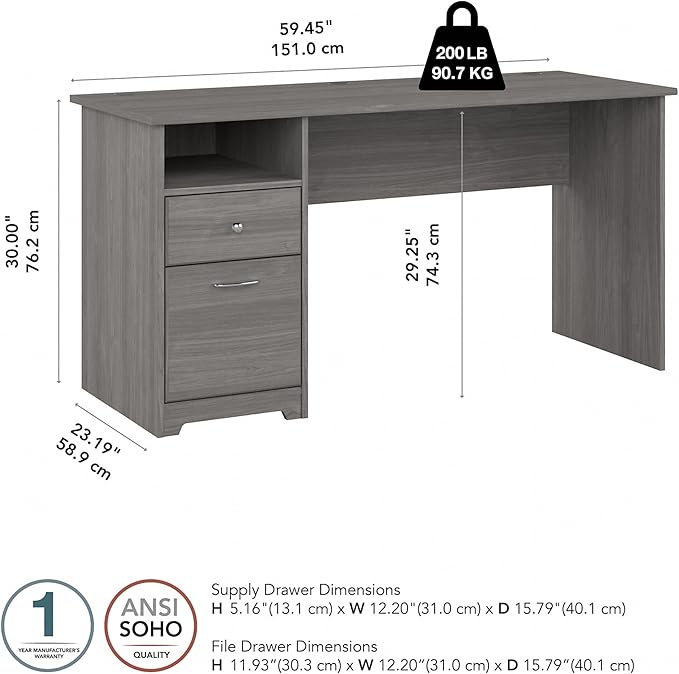 Bush Business Furniture Cabot Desks for Home Office with Storage and Chrome Hardware, Elegant Computer Table with Drawers, 60W, Modern Gray - LeafyLoom