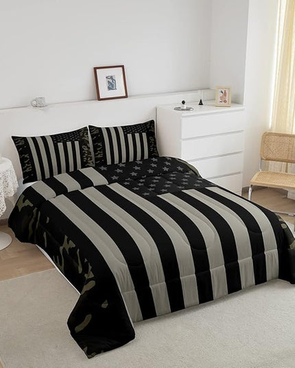 American Flag Comforter Set Twin Military Camo Down Comforter,Retro Army Green Camouflage USA Flag Bedding Set For Kids Boys Teens Men Bedroom,Black Grey Stars Stripes Quilt Duvet Set 1 Pillow Case - LeafyLoom