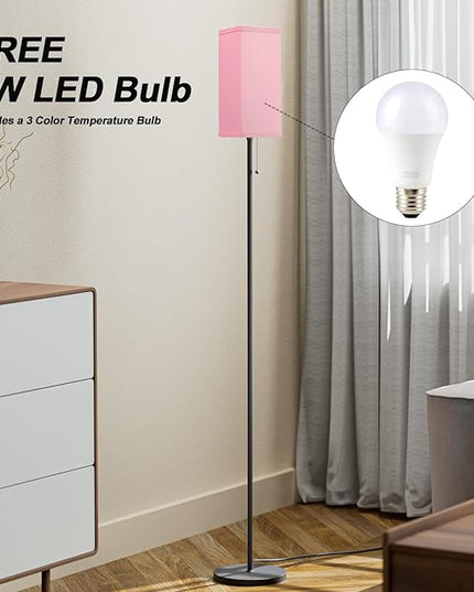 Pink Floor Lamps for Bedroom Modern- 3 Color Temperature Standing Lamps with Pull Chain Switch, Tall Lamp for Office Home Nursery and Hotel, Pole Lamp for Kids Room Reading Girls - LeafyLoom