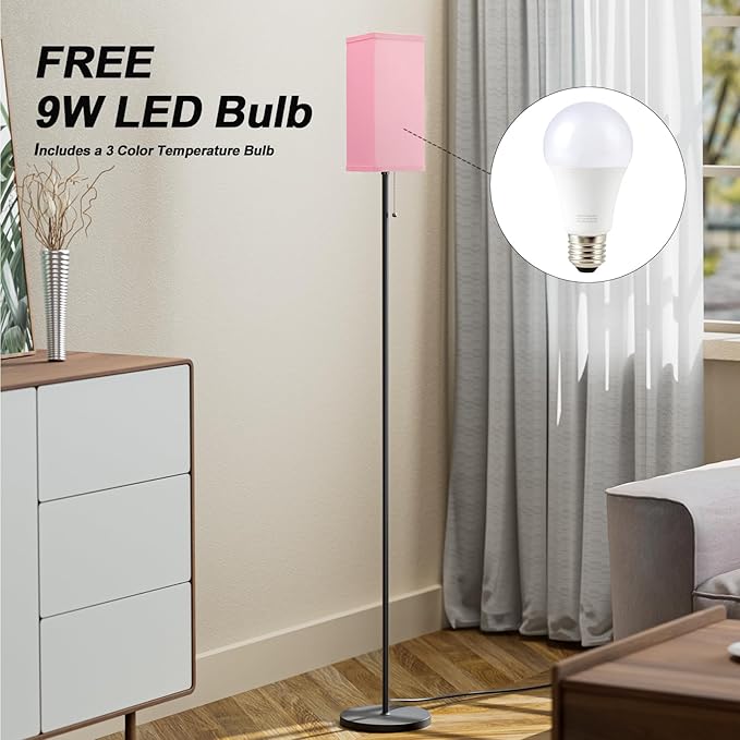 Pink Floor Lamps for Bedroom Modern- 3 Color Temperature Standing Lamps with Pull Chain Switch, Tall Lamp for Office Home Nursery and Hotel, Pole Lamp for Kids Room Reading Girls - LeafyLoom