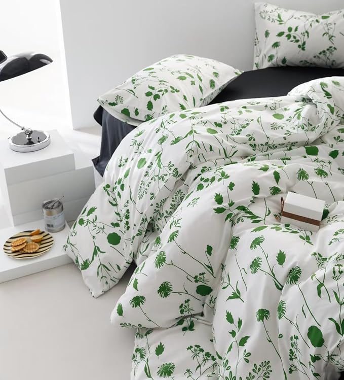 Sage Botanical Comforter Queen White Green Floral Plant Bedding Comforter Set Girls Garden Pattern Printed on White Blanket Rustic Leaf Blossom Women White Farmhouse Comforter Queen - LeafyLoom