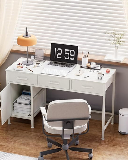 White Desk with Storage Cabinet and 3 Fabric Drawers, 47 Inch Home Office Desk for Writing Study Gaming, Computer Table with Storage Space, Modern Vanity Desk for Bedroom - LeafyLoom