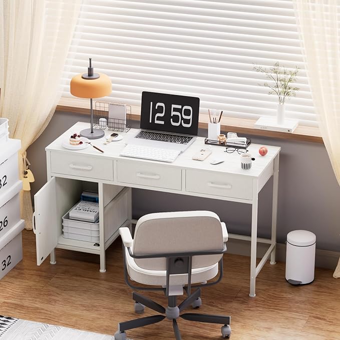 White Desk with Storage Cabinet and 3 Fabric Drawers, 47 Inch Home Office Desk for Writing Study Gaming, Computer Table with Storage Space, Modern Vanity Desk for Bedroom - LeafyLoom