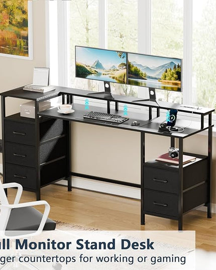 Computer Desk with Power Outlets & LED Lights, Gaming Desk with 5 Fabric Drawers for Bedroom, 55 Inch Home Office Desk with Monitor Stand & Storage Shelves for Working, Black - LeafyLoom