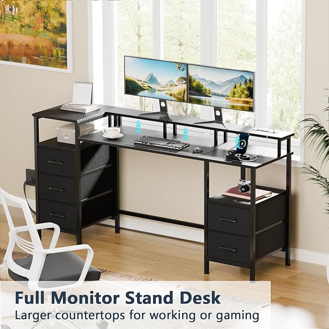 Computer Desk with Power Outlets & LED Lights, Gaming Desk with 5 Fabric Drawers for Bedroom, 55 Inch Home Office Desk with Monitor Stand & Storage Shelves for Working, Black - LeafyLoom
