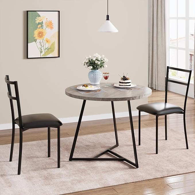 GAOMON Dining Table Set for 2, Kitchen Table and Chairs for 2 with Upholstered Chairs, 3 Piece Dining Room Table Set, Round Kitchen Table Set for Small Space, Apartment, Studio, Rustic Gray - LeafyLoom