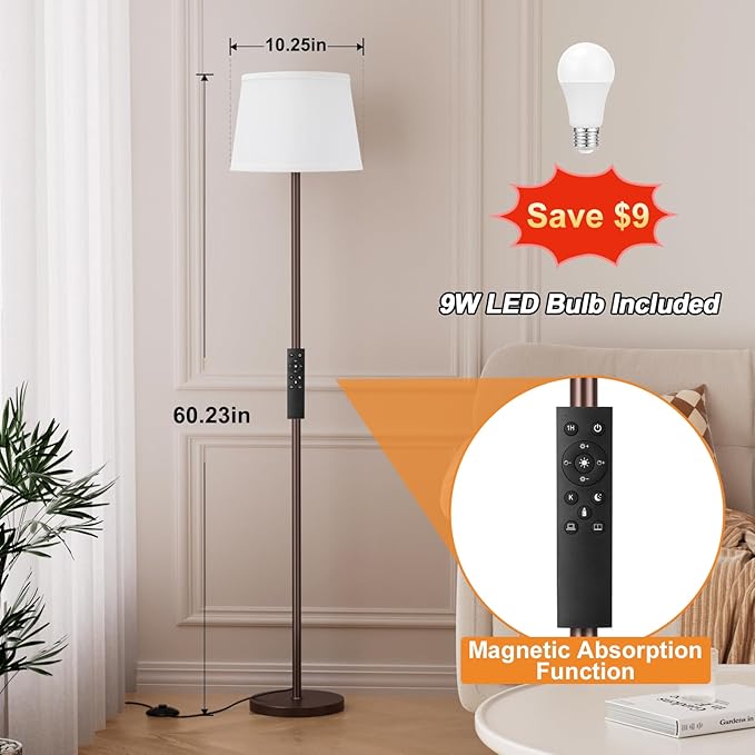【Upgraded】 Floor Lamps for Living Room, Modern Floor Lamp with Remote Control, Dimmable Colors Temperature Standing Lamp Foot Switch, 9W Bulb Tall Lamps for Bedroom Office Kid Room - Brown - LeafyLoom