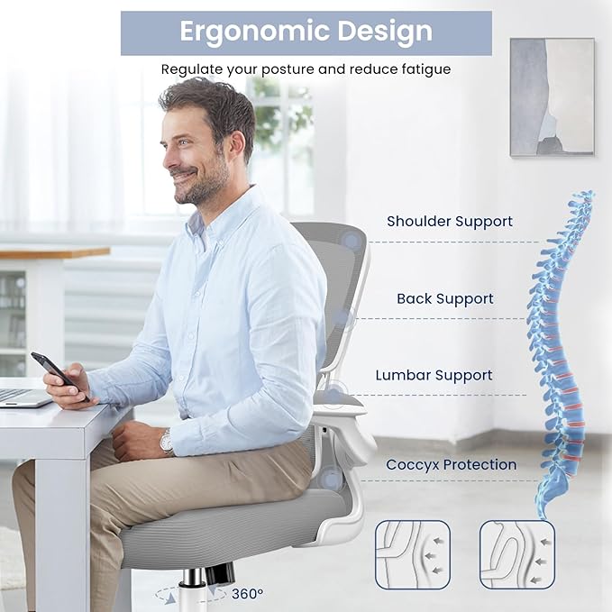 Office Chair, Ergonomic Desk Chair with Lumbar Support and Adjustable Armrests, Comfy Desk Chair Breathable Mesh Mid Back Computer Chair, Reclining Office Chair for Home Office - Light Gray - LeafyLoom