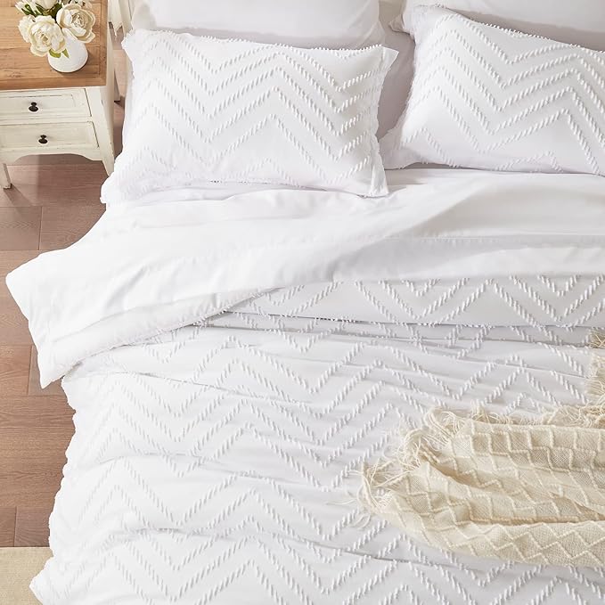 Anluoer King Bed in a Bag 7 Pieces,White Tufted Comforter Set with comforters and sheets, All Season Bedding Sets with 1 Comforter, 2 PillowShams, 2 Pillowcases, 1 Flat Sheet, 1 Fitted Sheet - LeafyLoom