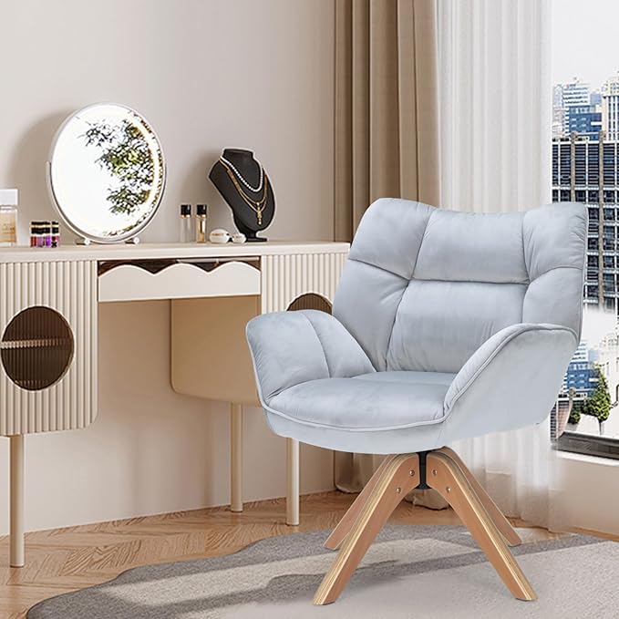 Fabric Accent Chair, Modern Cozy Vanity Chair with Wood Legs, Upholstered Single Boucle Armchair Single Sofa for Living Room Bedroom Office Guest Room Dining Room (Light Grey) - LeafyLoom