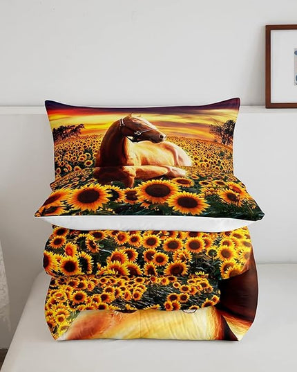 Erosebridal Brown Horse Comforter Set King Size for Kids Adult Teens Farmhouse Decor Sunflower Bedding with Sunset, Cowboys 3D Wild Animal Horse Print Quilt Rustic Style Cowgirls Down Comforter - LeafyLoom