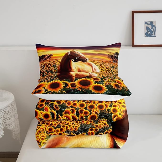 Erosebridal Brown Horse Comforter Set King Size for Kids Adult Teens Farmhouse Decor Sunflower Bedding with Sunset, Cowboys 3D Wild Animal Horse Print Quilt Rustic Style Cowgirls Down Comforter - LeafyLoom