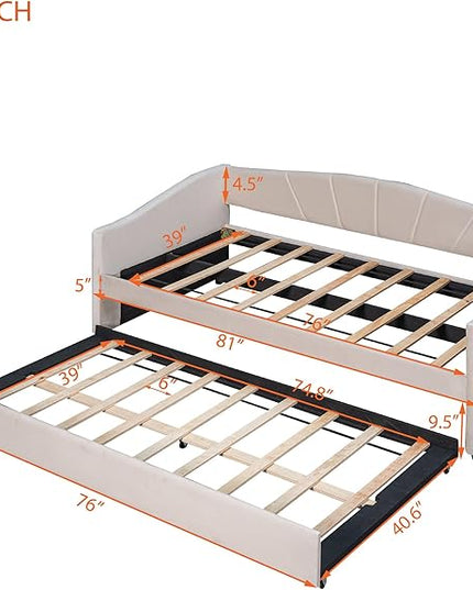 Twin Size Upholstered Daybed with Trundle, Wood Slat Support Sofa Bed with Armrest, No Box Spring Needed, Easy to Assemble, for Studio, Bedroom, Living, Guest Room, Beige - LeafyLoom